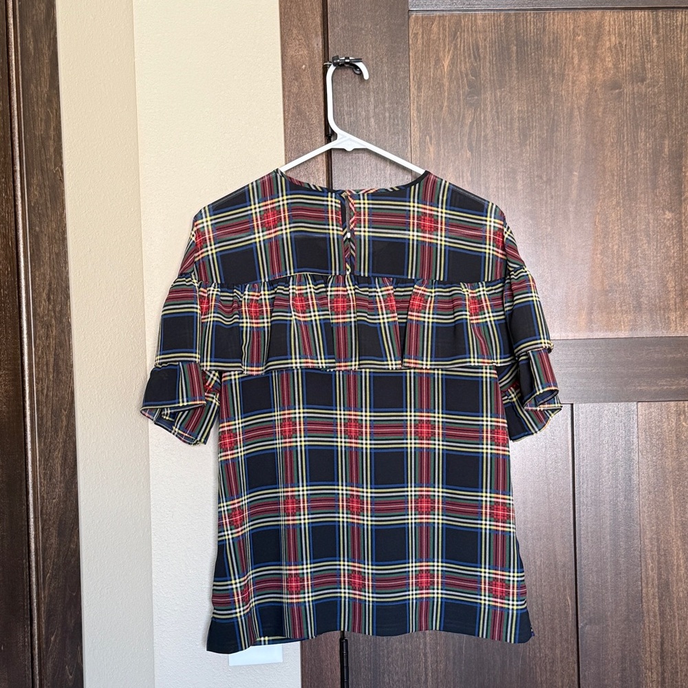 J. Crew Edie Stewart Tartan Plaid Ruffle Short Sleeve Blouse Size 10 - Picture 2 of 13